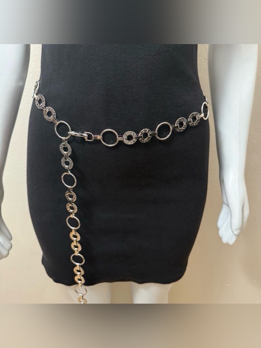 Silver tone metallic chain belt